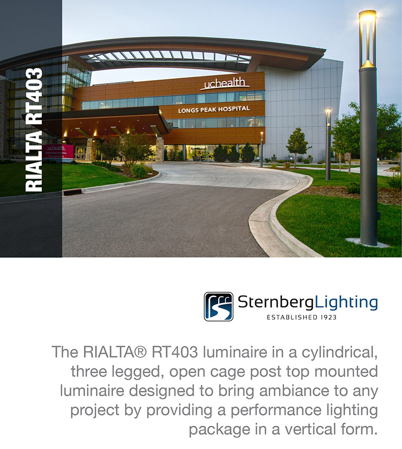 Sternberg Lighting Established 1923 - The RIALTA® RT403 luminaire in a cylindrical, three legged, open cage post top mounted luminaire designed to bring ambiance to any project by providing a performance lighting package in a vertical form.