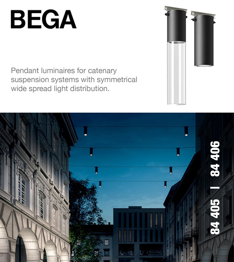 BEGA - Pendant luminaires for catenary suspension systems with symmetrical wide spread light distribution.