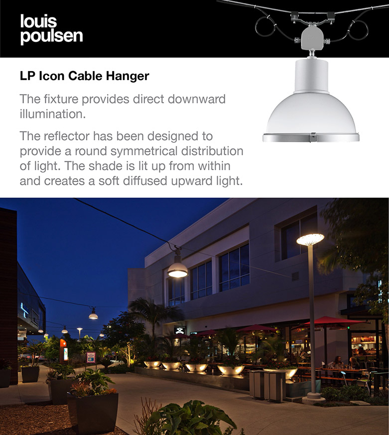Louis Poulsen LP Icon Cable Hanger - The fixture provides direct downward illumination. The reflector has been designed to provide a round symmetrical distribution of light. The shade is lit up from within and creates a soft diffused upward light.