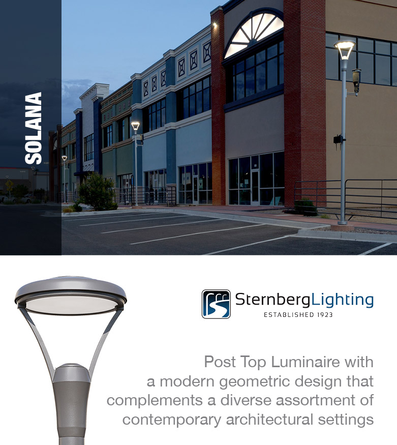 Sternberg Lighting Established 1923 - Solana - Post Top Luminaire with a modern geometric design that complements a diverse assortment of contemporary architectural settings