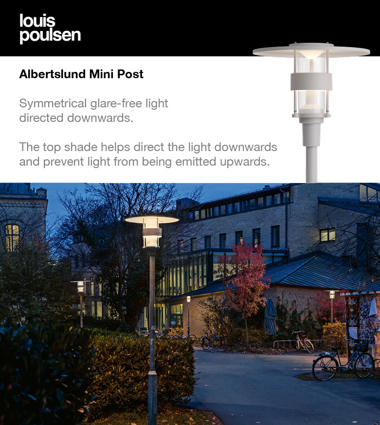 Louis Poulsen - Albertslund Mini Post Symmetrical glare-free light directed downwards. The top shade helps direct the light downwards and prevent light from being emitted upwards.