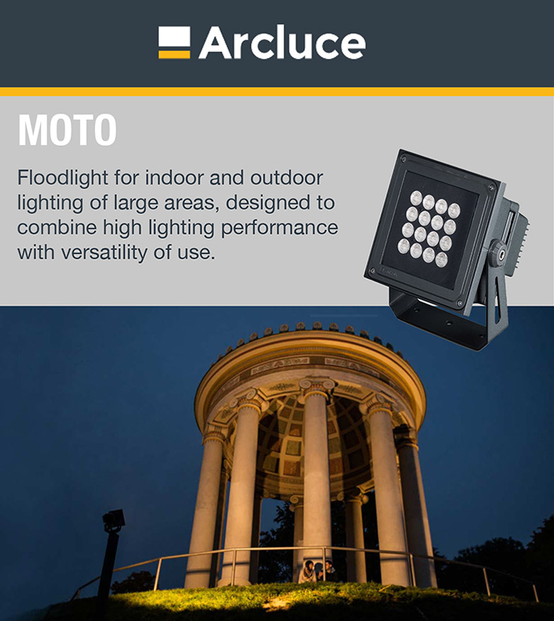 Arcluce Moto - Floodlight for indoor and outdoor lighting of large areas, designed to combine high lighting performance with versatility of use.