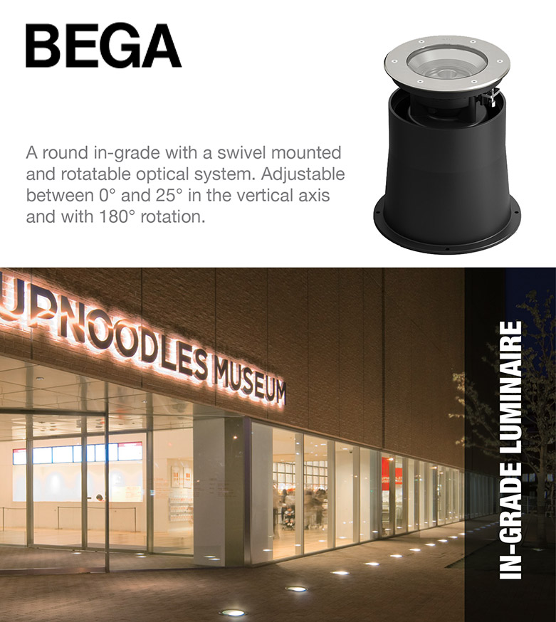 Bega InGrade Luminaire - Bega InGrade Luminaire - A round in-grade with a swivel mounted and rotatable optical system. Adjustable between 0° and 25° in the vertical axis and with 180° rotation.