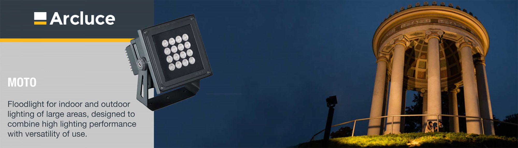 Arcluce Moto - Floodlight for indoor and outdoor lighting of large areas, designed to combine high lighting performance with versatility of use.