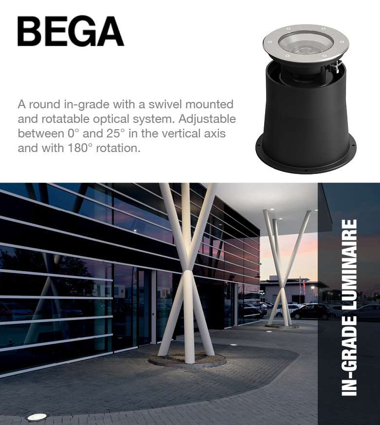 Bega InGrade Luminaire - Bega InGrade Luminaire - A round in-grade with a swivel mounted and rotatable optical system. Adjustable between 0° and 25° in the vertical axis and with 180° rotation.
