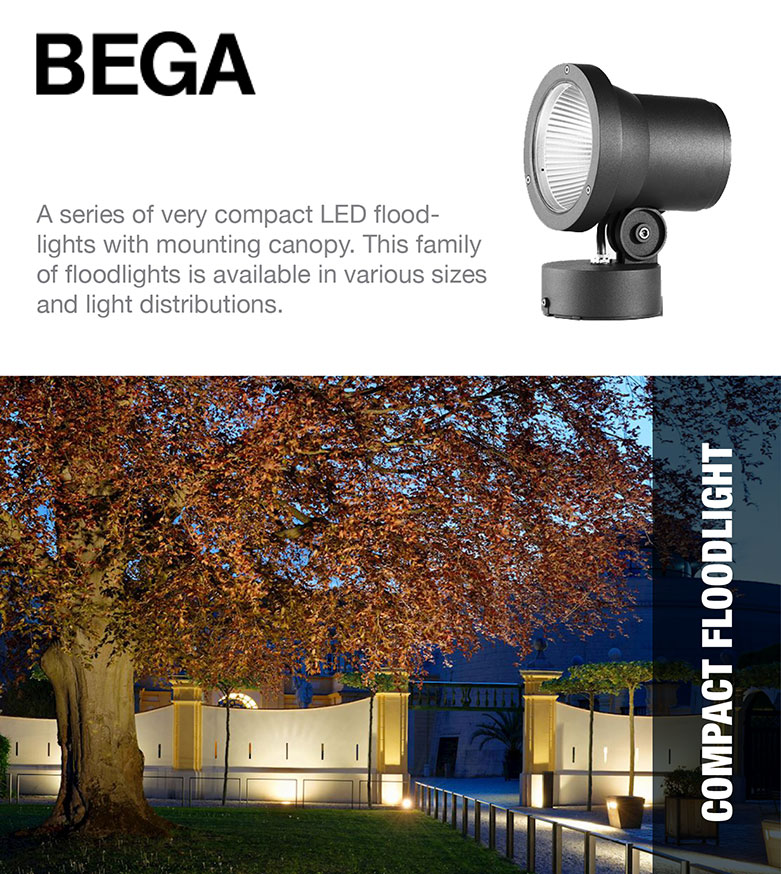 Bega Compact Floodlight - Bega Compact Floodlight - A series of very compact LED floodlights with mounting canopy. This family of floodlights is available in various sizes and light distributions.