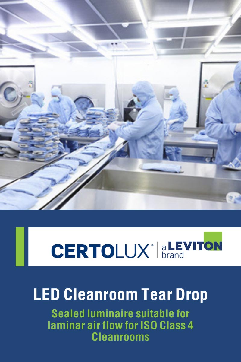LED Cleanroom Tear Drop. Sealed luminaire suitable for laminar air flow for ISO Class 4 Cleanrooms.