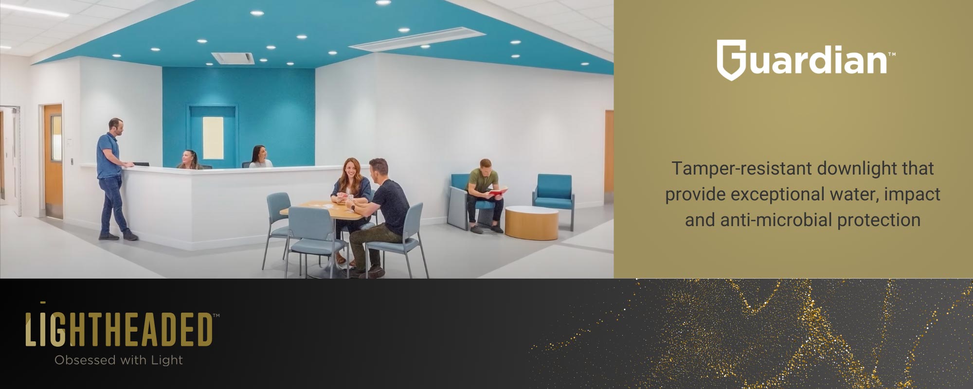 Guardian. Tamper-resistant downlight that provide exceptional water, impact and anti-microbial protection.